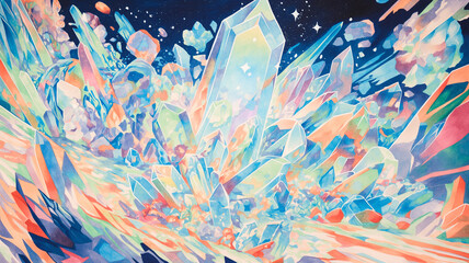 輝く結晶の世界、ファンタジーな鉱石の集合体、透明感と光の魔法が描く幻想風景、空想鉱山のアート、幻想的で抽象的なクリスタル背景素材