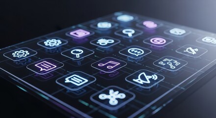 futuristic illuminated smartphone screen displaying various app icons for technology and social