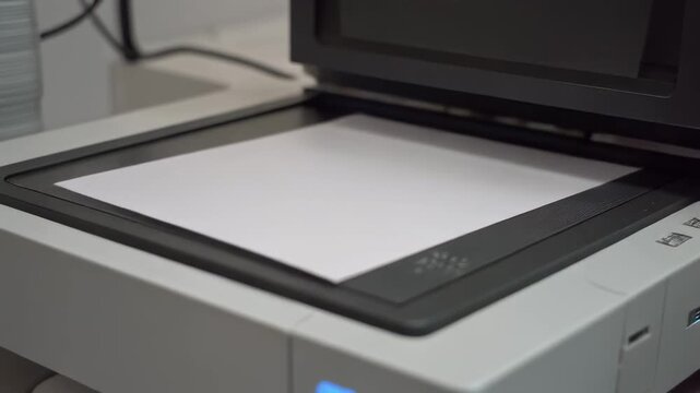 A white sheet of paper is placed on the glass surface of a flatbed scanner with its lid slightly open, ready for scanning.