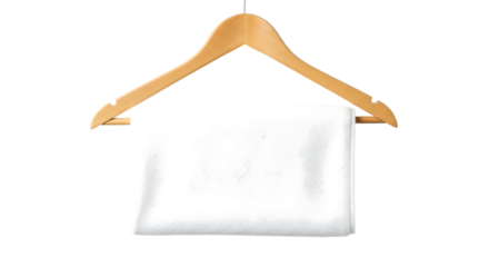 Fresh white towel neatly folded, displayed on a wooden hanger