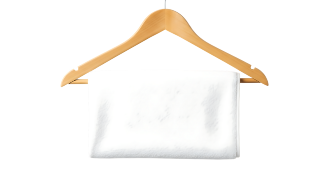 Fresh white towel neatly folded, displayed on a wooden hanger