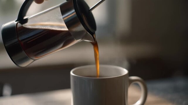 Close-up shot of a hand pouring freshly brewed coffee from a French press into a steaming white ceramic mug on a table.