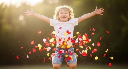 A joyful child leaps in air, arms outstretched amidst a cascade of colorful flower petals
