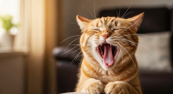 Close-up of an orange tabby cat yawning widely, showcasing its mouth and whiskers