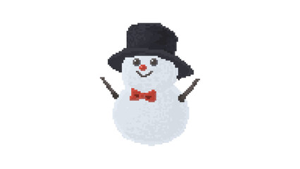 Pixel Art Snowman with Top Hat and Bow Tie - Dapper 8-Bit Snowman Icon for Christmas - Classic Retro Winter Character with Red Bowtie