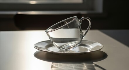 Clear glass teacup and saucer filled with water, sunlight casts shadows, and reflections