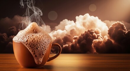 Steaming cup of brown beverage with thick foam against cloudy background