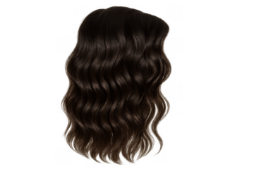 Wavy brown hair wig or extension with natural dark color and soft curls, on transparent background for beauty products