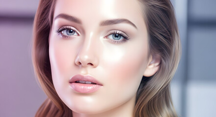 Beautiful woman portrait with glossy skin, soft Photoshop glow effect, color grading in pastel tones, studio lighting, high-end beauty retouch