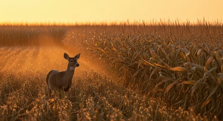 Deer standing serenely in a golden cornfield, bathed in soft sunlight