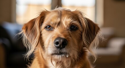 Close-up of a brown dog with fur, looking at the camera indoors