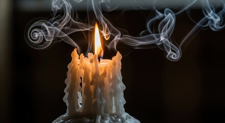 Close-up of a lit candle with melting wax and wispy smoke in a dark setting