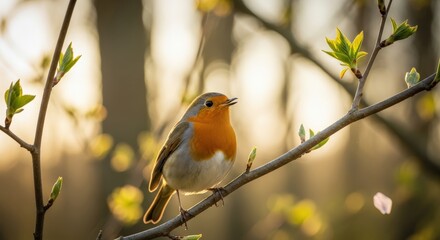 A robin perches on a branch, bathed in golden light. Young leaves sprout