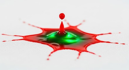 Close-up capturing a vibrant red droplet suspended above green liquid