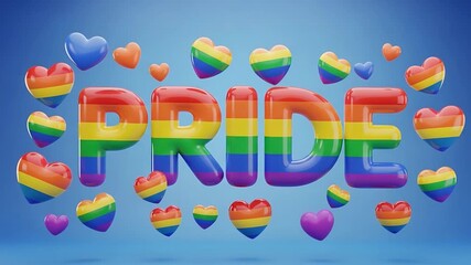 Vibrant Rainbow Pride Text with Floating Hearts Graphic Loop Blue Background. - Powered by Adobe