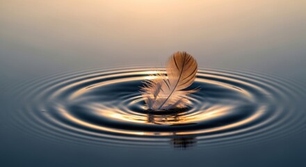 A delicate feather floats gracefully on water, creating serene ripples and reflections