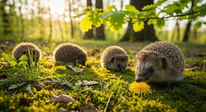 Four hedgehogs in a sunny forest, surrounded by green moss and yellow flowers