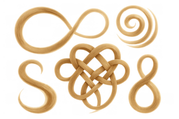 Blonde hair strands forming infinity, celtic knot, spiral and curly shapes on transparent background