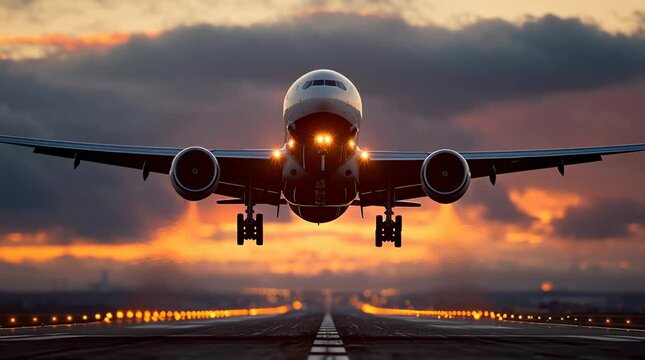 Airplane taking off at sunset commercial aviation and travel concept