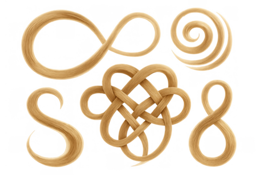 Blonde hair strands forming infinity, celtic knot, spiral and curly shapes on transparent background