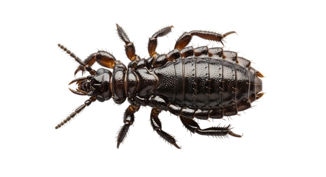 Detailed underside view of dark insect-like larva creature isolated