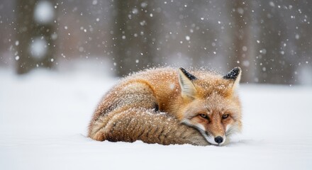 A red fox curled up in the snow, snowflakes falling gently around it, peaceful
