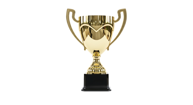 Golden shiny award trophy with a black base, isolated on background