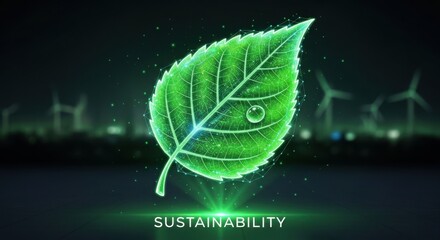 Futuristic green leaf with glowing effects symbolizing environment and sustainability
