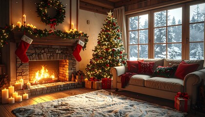 Obraz premium Cozy Christmas Living Room Fireplace, Tree, and Decorations for a Festive Holiday Ambiance