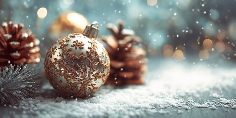 Gold and silver Christmas ornament sits on a snowy surface