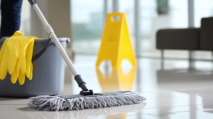 Person is cleaning a floor with a mop and bucket