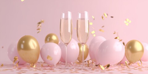 Two champagne glasses are on a table with pink and gold balloons