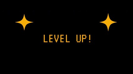 Animated pixel art text 'LEVEL UP!' with sparkling effects on a black background. 4K video animation for video game. - Powered by Adobe