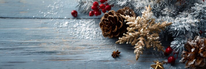 Christmas tree with a star and pine cones on a wooden table