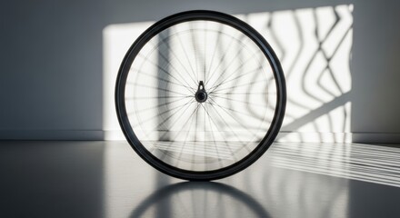 Close-up of a bicycle wheel against a wall with shadows and sunlight
