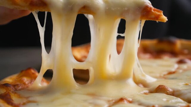 Close-up of a delicious pizza slice being lifted, showing gooey, stretchy melted cheese.