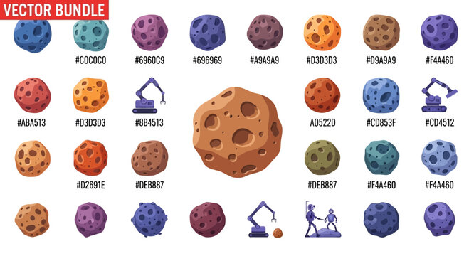 Colorful Asteroid Vector Bundle: Collection of Isolated Cartoon Space Objects and Elements
