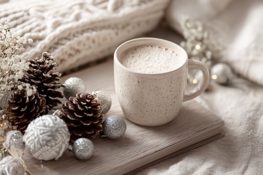 White mug with a white handle sits on a wooden surface