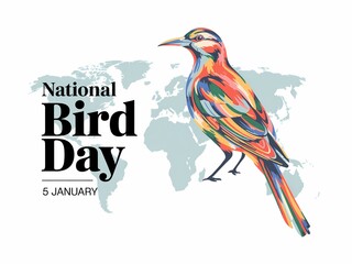 Vibrant bird illustration celebrating national bird day with a world map background