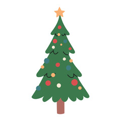 Cute vector illustration of a decorated Christmas tree with colorful ornaments and a star on top. Simple festive holiday design, perfect for greeting cards, stickers, promo and seasonal decorations