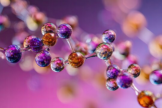 Close-up of a molecule model with colorful spheres connected by transparent lines, bokeh background