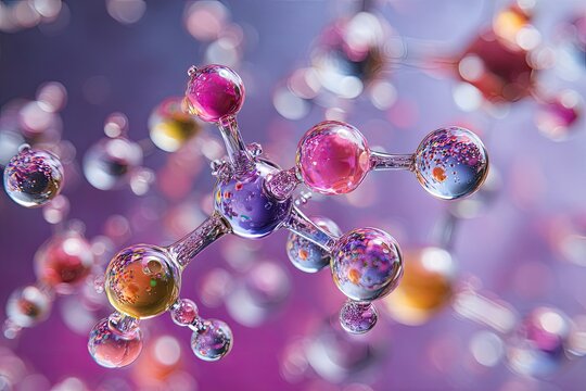 Close-up of molecular structure, spheres in diverse hues, blurred background - Powered by Adobe