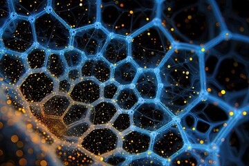 Abstract illustration of a cellular structure with glowing blue and gold elements, dark background