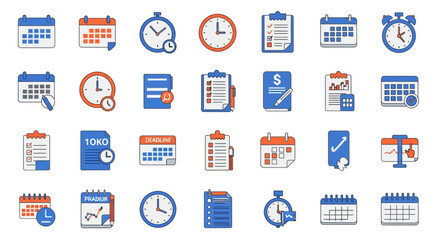Collection of Business and Time Management Icons for Planning and Organization