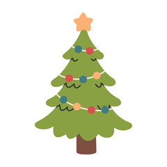 Obraz premium Cute vector illustration of a decorated Christmas tree with colorful ornaments and a star on top. Simple festive holiday design, perfect for greeting cards, stickers, promo and seasonal decorations