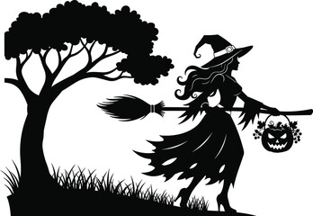 Black silhouette of a witch flying on a broomstick with a jack o lantern basket near a tree