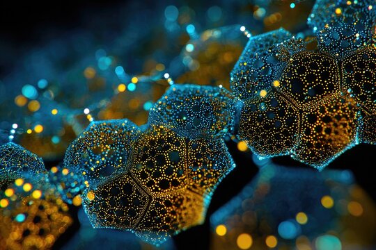 Abstract, hexagonal structures, illuminated with blue and gold, suggesting a network of cells or molecules