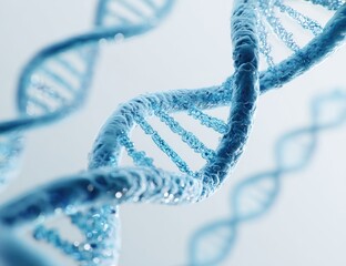 Detailed illustration of a double helix, showing a strand of a blue structure against a light backdrop