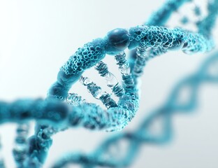 A detailed, close-up of a turquoise, double-helix structure against a soft white background