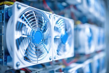 Close-up of computer cooling fans, showcasing blue and white aesthetics for efficient airflow